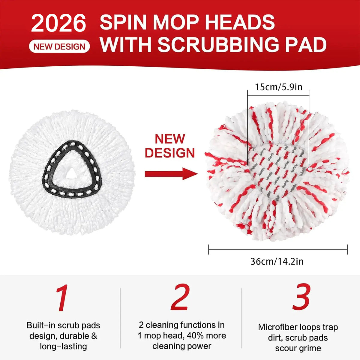 3-Pack Spin Mop Replacement Heads – Microfiber with Built-In Scrub Pads