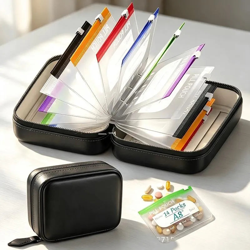 ✨2‑Week Pill Organizer Binder Case | 14 Reusable Color‑Coded Pill Pouch💊 Travel Waterproof Medication Storage Bag for Vitamins Supplements