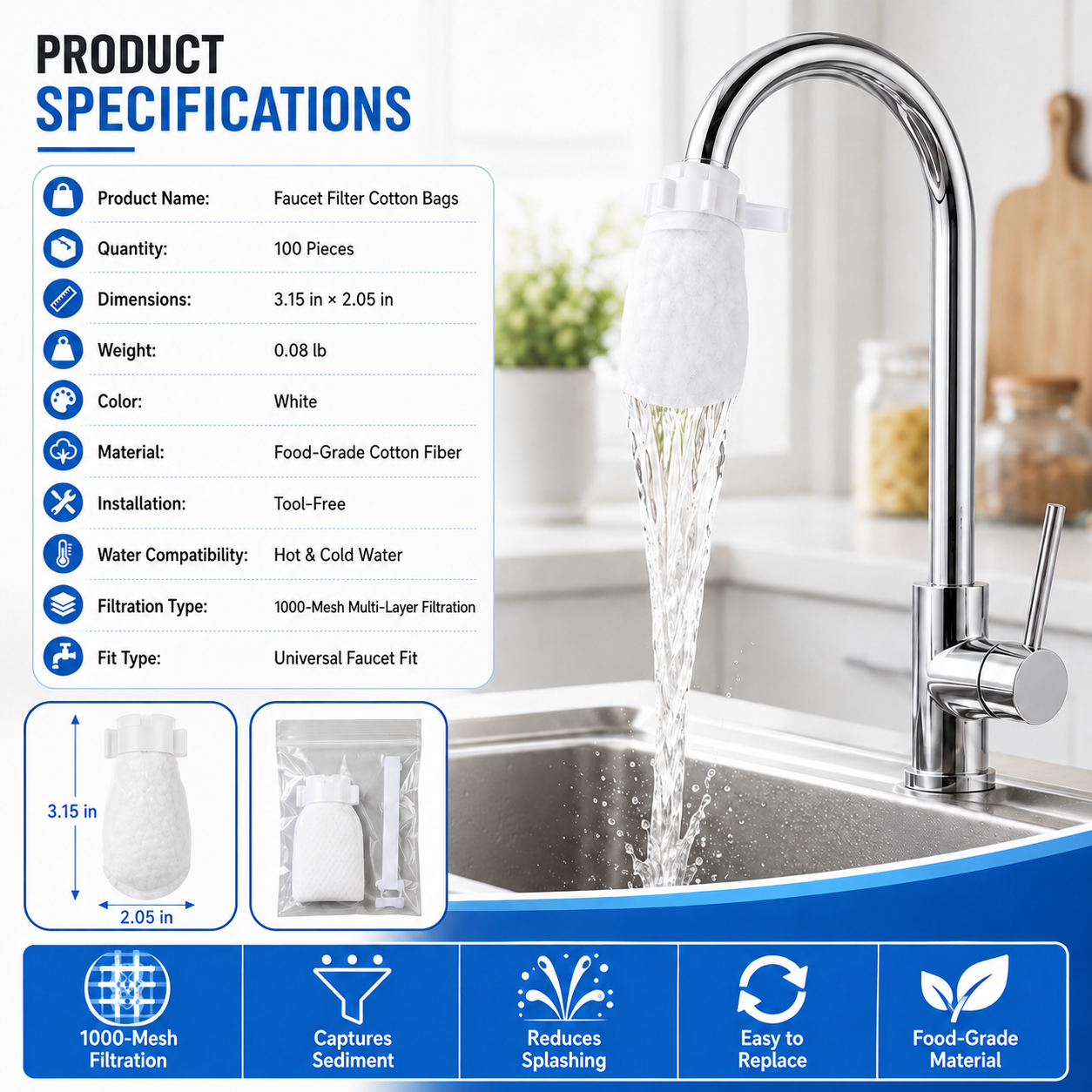 🚰 100 Pack Faucet Filter Cotton Bags – Cleaner Water, Less Splash, No Tools Needed