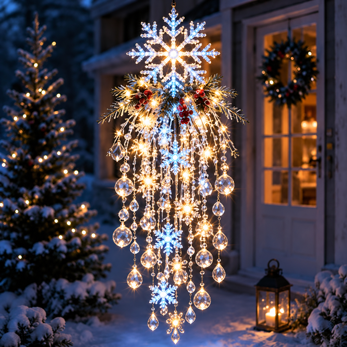 Crystal Waterfall Christmas Lights – Hanging Snowflake & Crystal LED Porch Decor ✨❄️