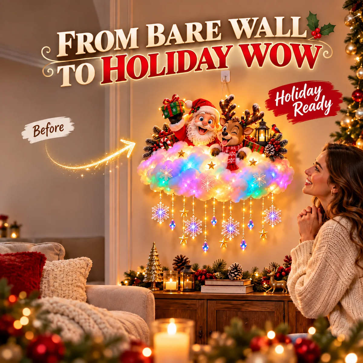 β¨ Santa & Reindeer Light-Up Christmas Cloud β A Holiday Story for Your Wall