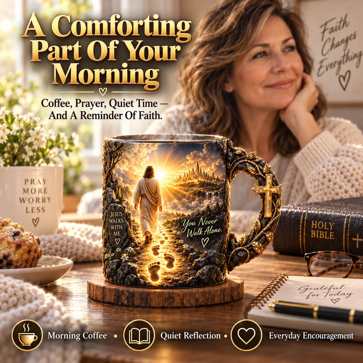 🔥 Last Day 49% OFF ✝️ Faith-Inspired Heat-Reveal Mug – Inspirational Christian Coffee Cup with a “You Are Never Alone” Message
