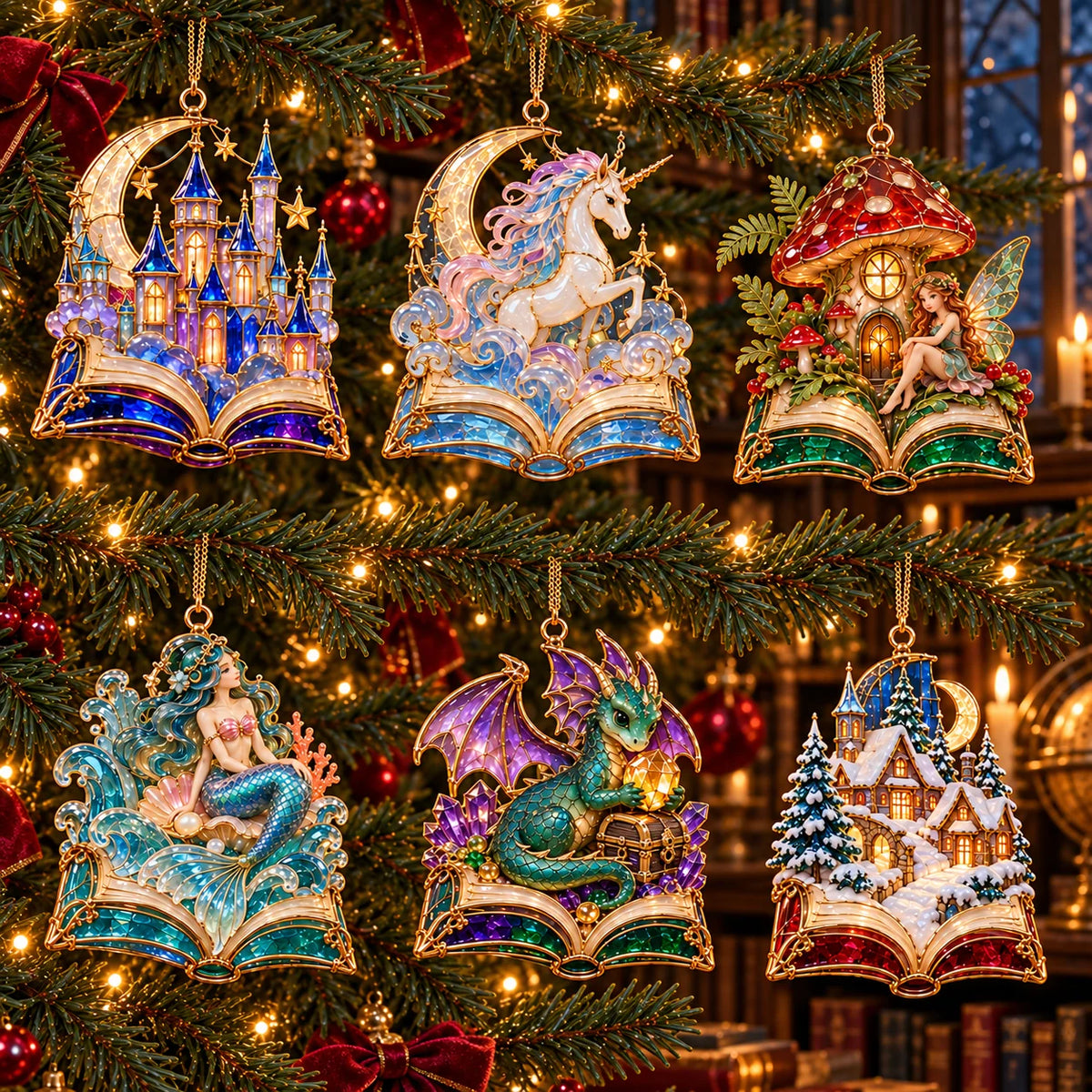 ๐ 2026 Enchanted Storybook Christmas Ornaments โ Set of 6 | Stained Glass Fairy Tale Castle, Unicorn, Fairy, Mermaid, Dragon & Snowy Village Hanging Decorations | Magical Christmas Tree Ornaments & Fantasy Lover Gifts