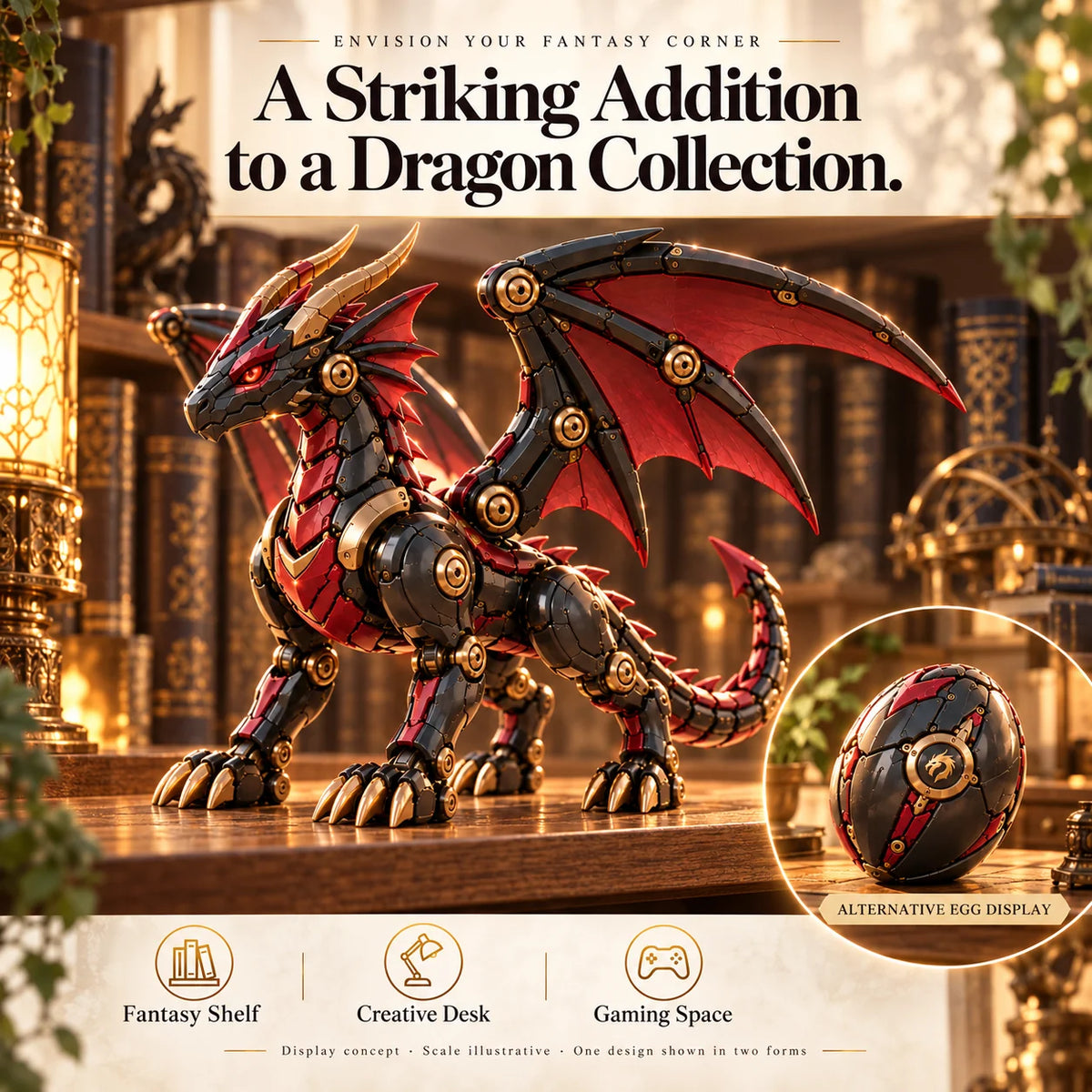 🔥 Last Day – 49% OFF! 🐉 Mechanical Dragon Egg – Black & Crimson Dragon with Folding Wings & Epic Armor Details ⚔️