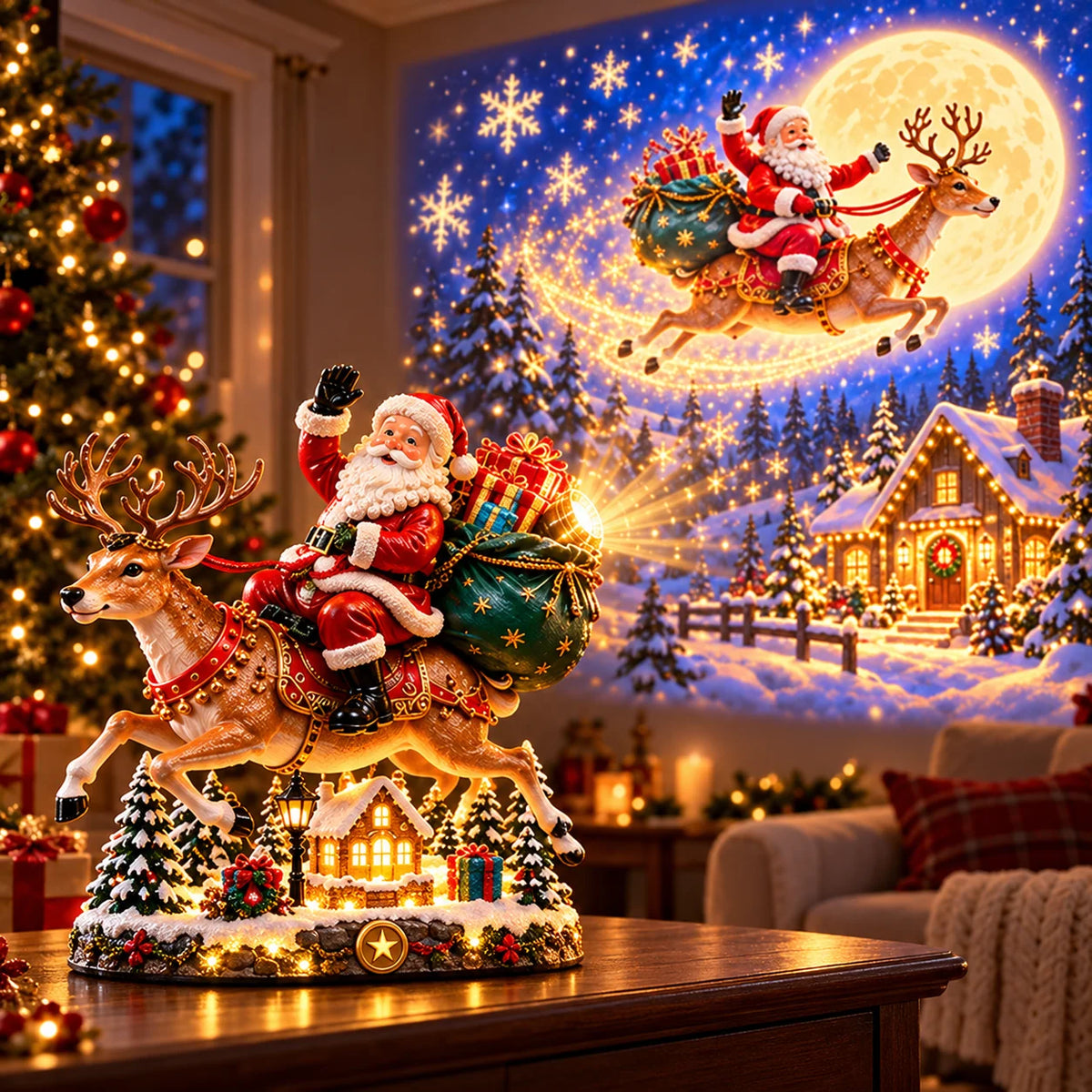 🎅✨ Santa’s Magical Christmas Arrival – Lighted Reindeer Figurine with Christmas Music, Magical Projection & Snowy Village Scene