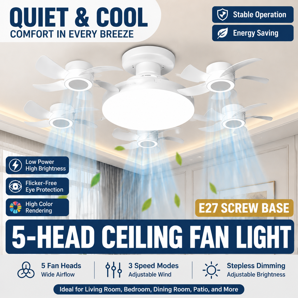 2026 Upgraded E27 Screw-In Ceiling Fan with LED Light | No Wiring Required