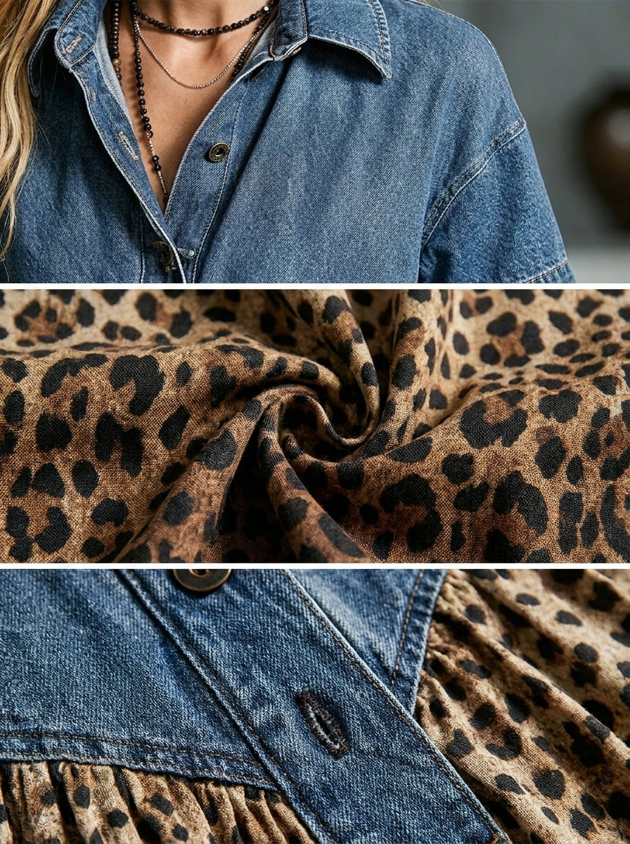 Women’s Denim Gradient Leopard Print Midi Dress – Stylish Spliced Shirt Dress with Casual Chic Fit