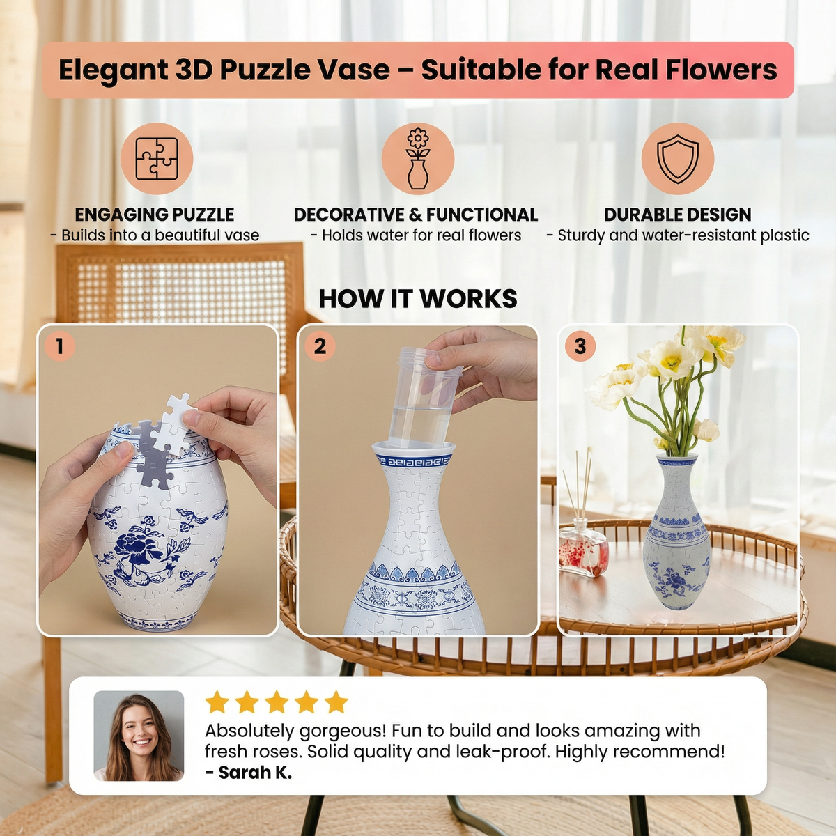 3D Flower Vase Puzzle with Curved Interlocking Pieces