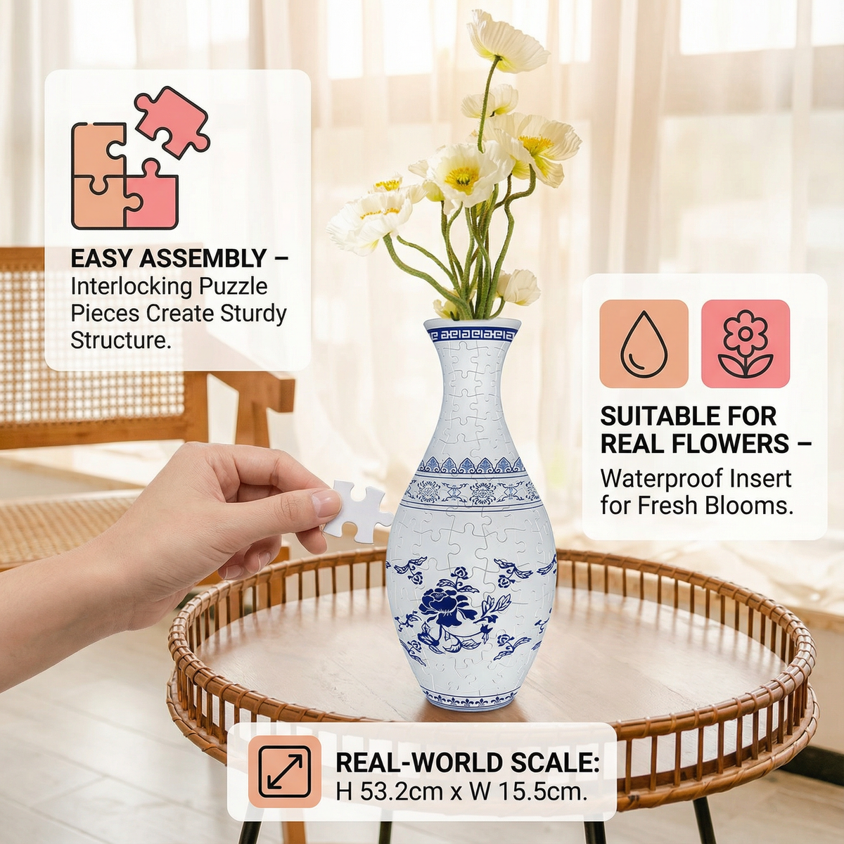 3D Flower Vase Puzzle with Curved Interlocking Pieces