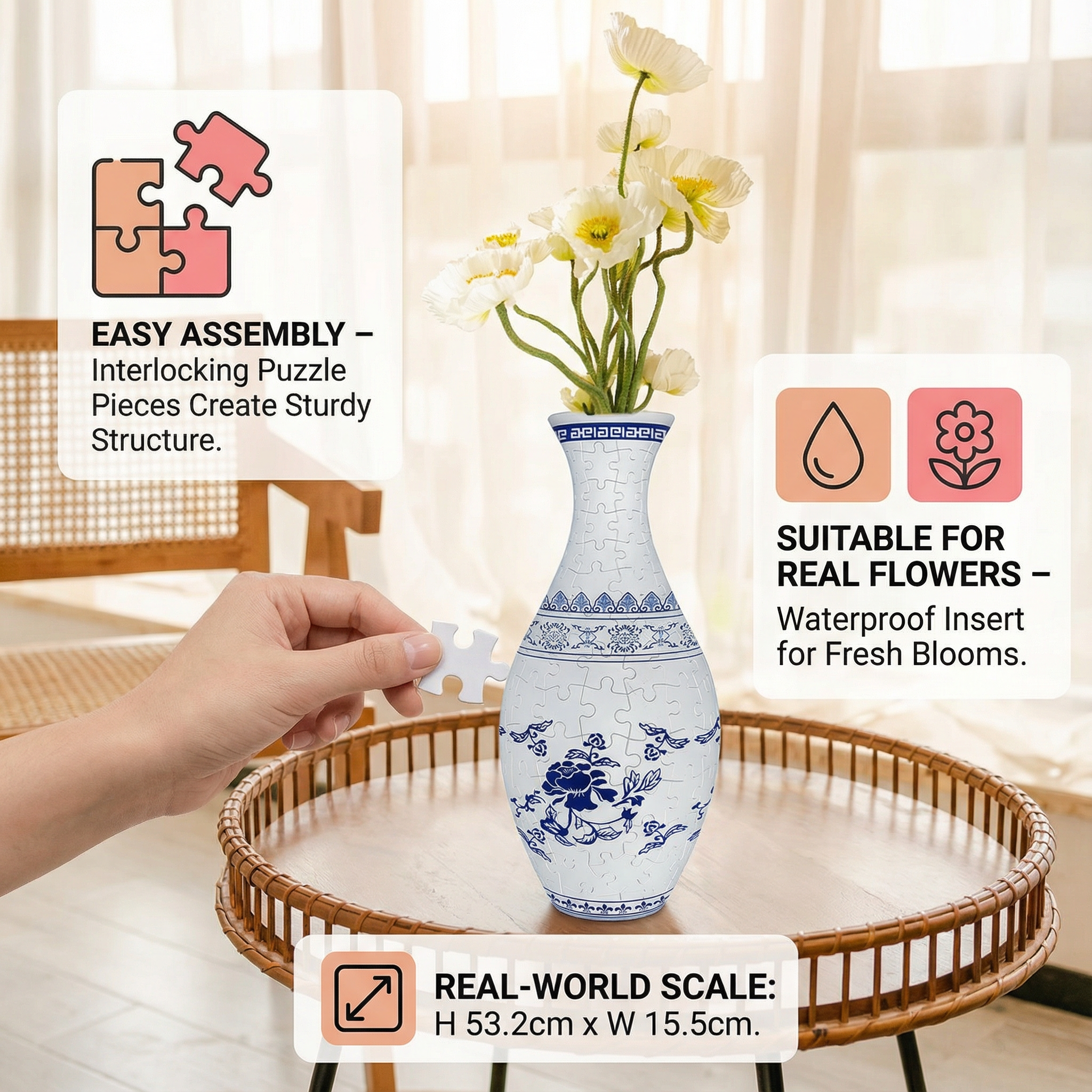 3D Flower Vase Puzzle with Curved Interlocking Pieces