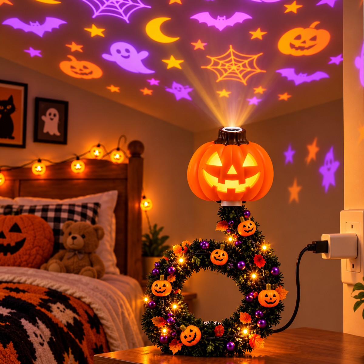 🎄🎃 Holiday Projection Wreath Light – Christmas & Halloween Ceiling Projector Decor
