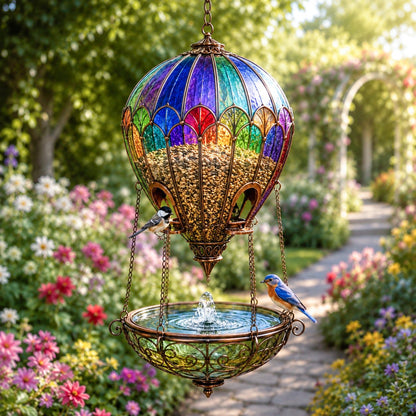 Stained Glass Hot Air Balloon Bird Feeder & Garden Fountain – Colorful Outdoor Bird Bath & Hanging Garden Decor