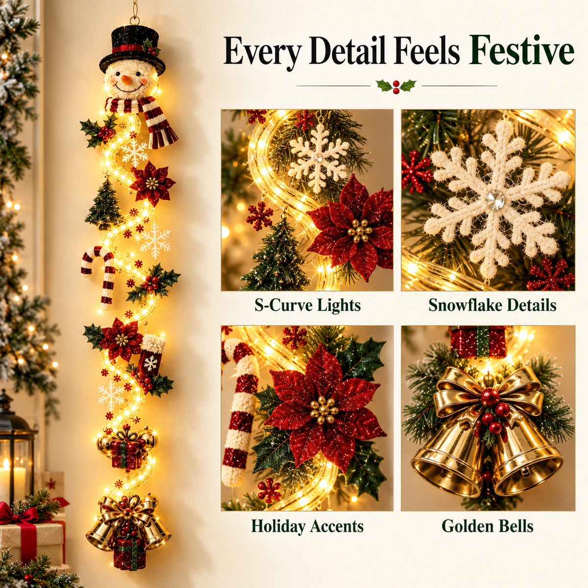 🎄 Lighted Christmas Door Hanger | 6 Festive Designs with Warm LED Glow & 3D Holiday Details
