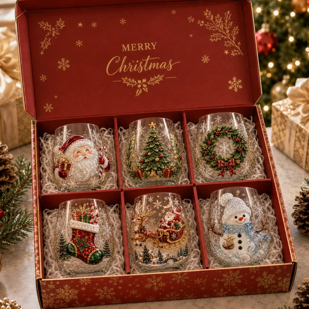 ✨🎄Magical Christmas 3D Glass Cup Collection – Santa, Reindeer, Snowman & Christmas Tree