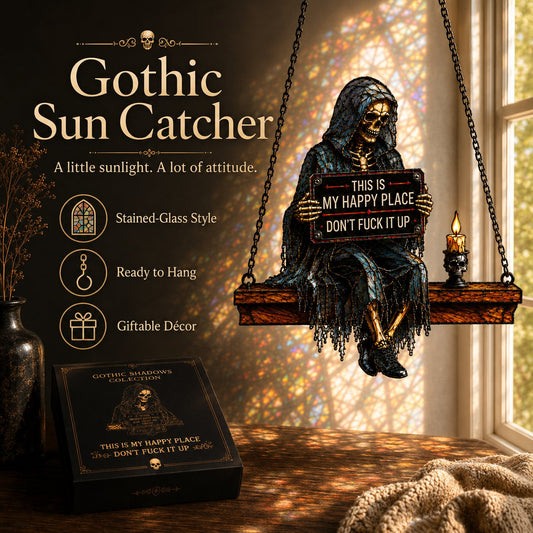 "This Is My Happy Place" 🌞Gothic Skeleton Sun Catcher💀 Handmade Stained Glass Spinner