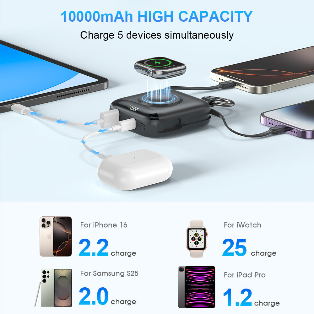 10000mAh Portable Charger Power Bank with Built-in Cables Travel Keychain Battery Pack for Apple Watch iPhone AirPods