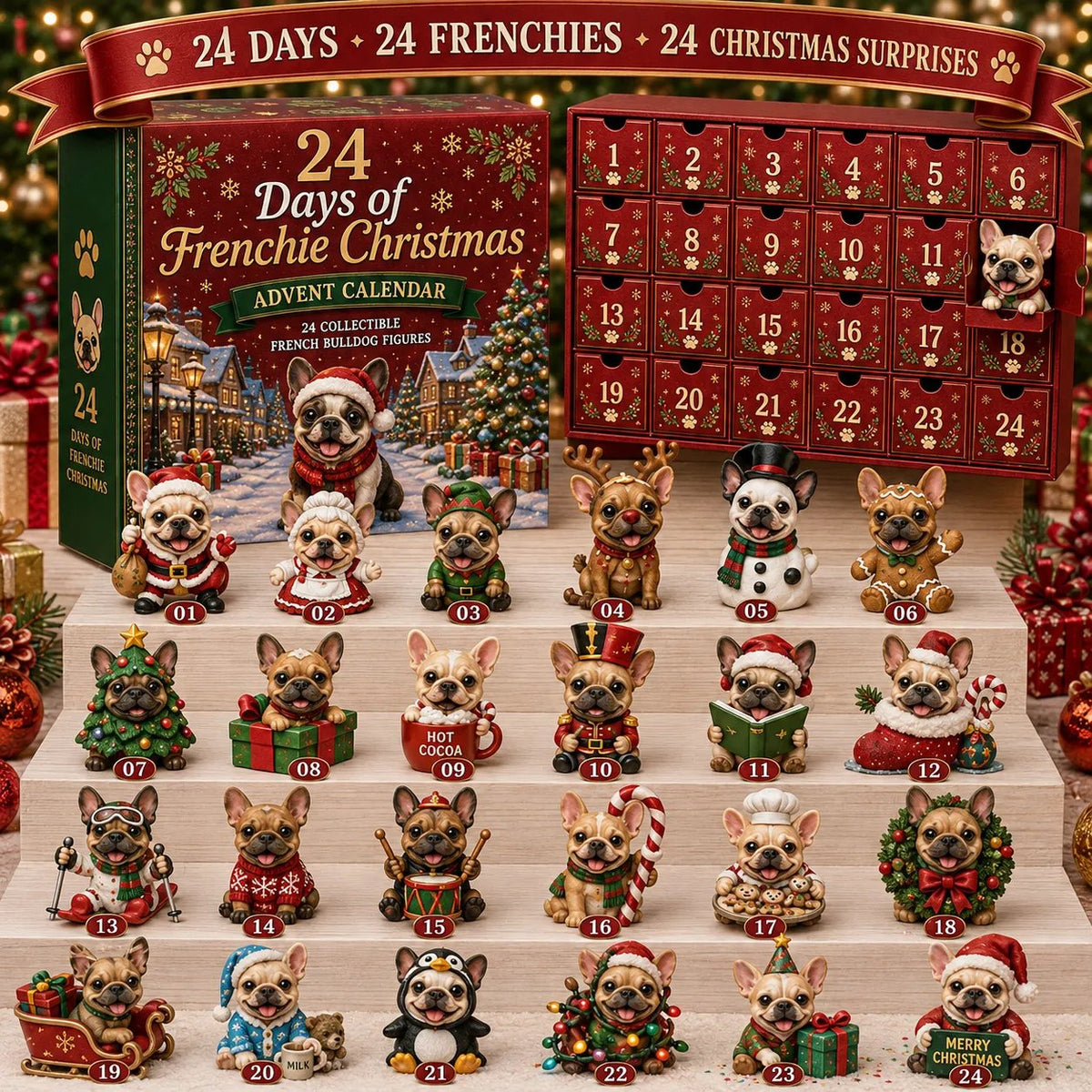 🐶 24-Day French Bulldog Christmas Advent Calendar-24 Unique Collectible Frenchie Characters with Different Outfits🎄✨