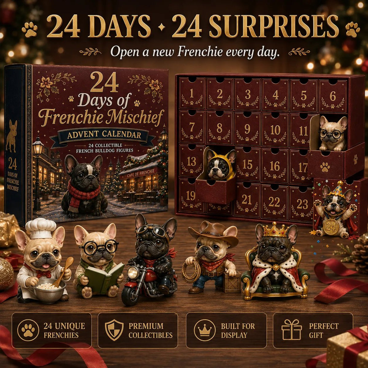 🐶 24-Day French Bulldog Christmas Advent Calendar-24 Unique Collectible Frenchie Characters with Different Outfits🎄✨