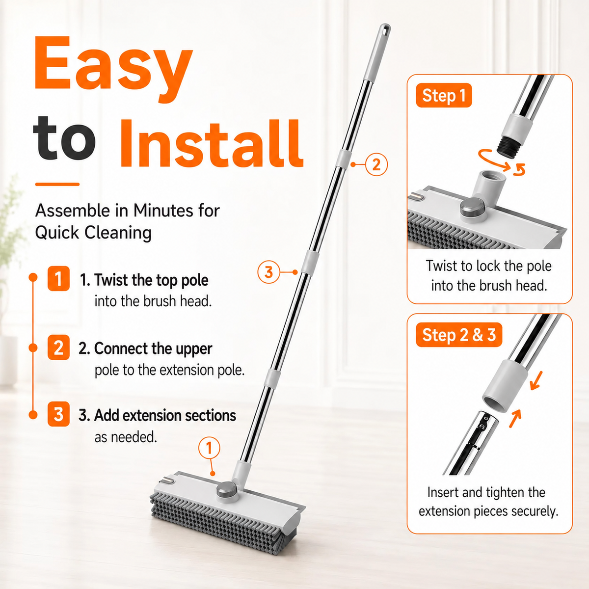 3-in-1 Long Handle Floor Scrub Brush – Scrub, Reach & Squeegee
