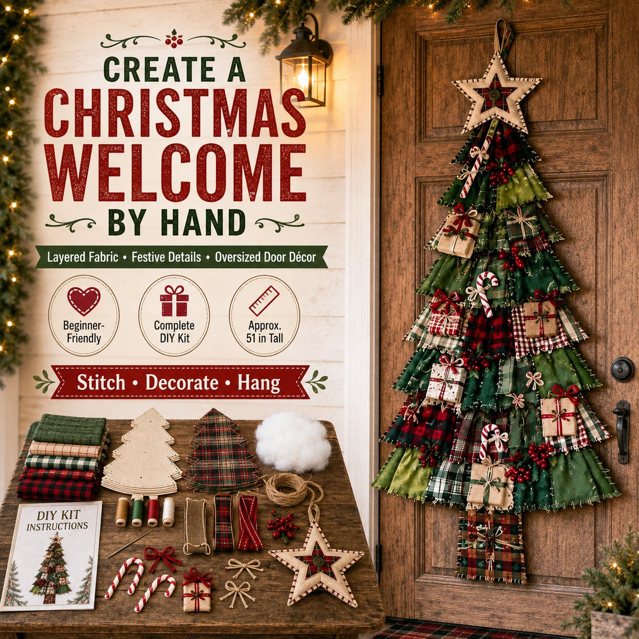 🎄 DIY Oversized Patchwork Christmas Tree Door Hanging Kit – Beginner-Friendly, Complete Craft Kit with Step-by-Step Guide ✨