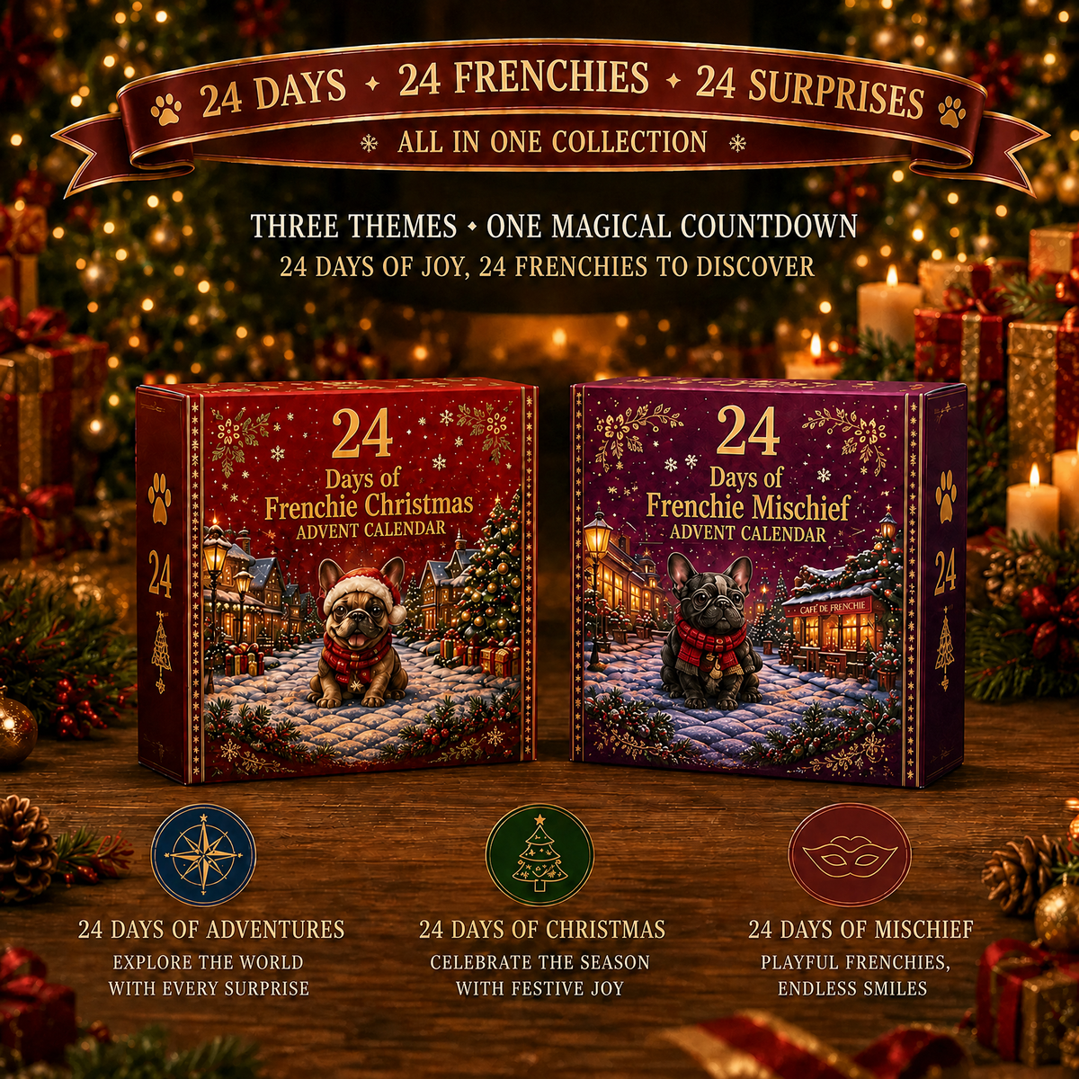 🐶 24-Day French Bulldog Christmas Advent Calendar-24 Unique Collectible Frenchie Characters with Different Outfits🎄✨