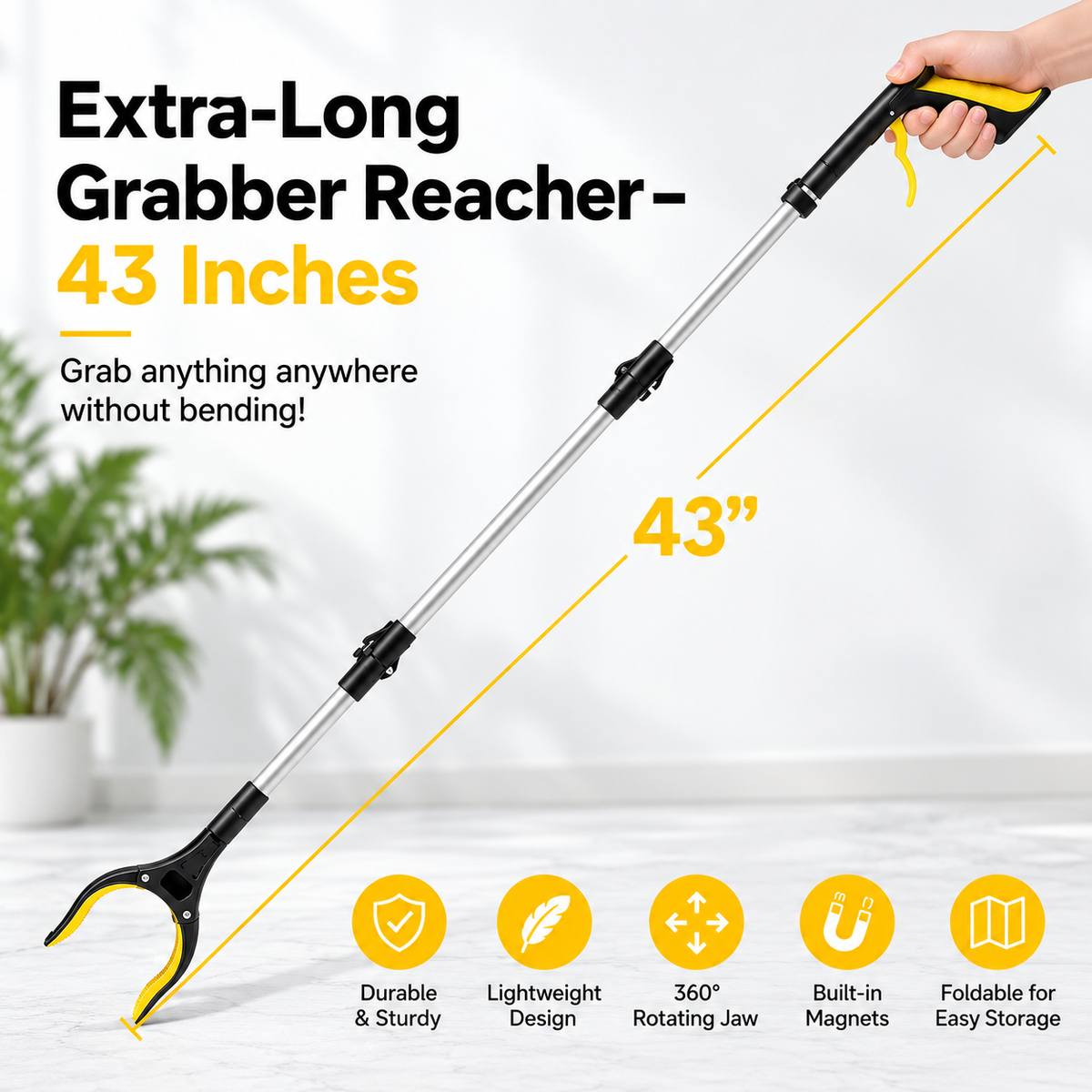 43' Extra Long Grabber Reacher Tool – Heavy Duty with 360° Rotating Jaw & Magnets