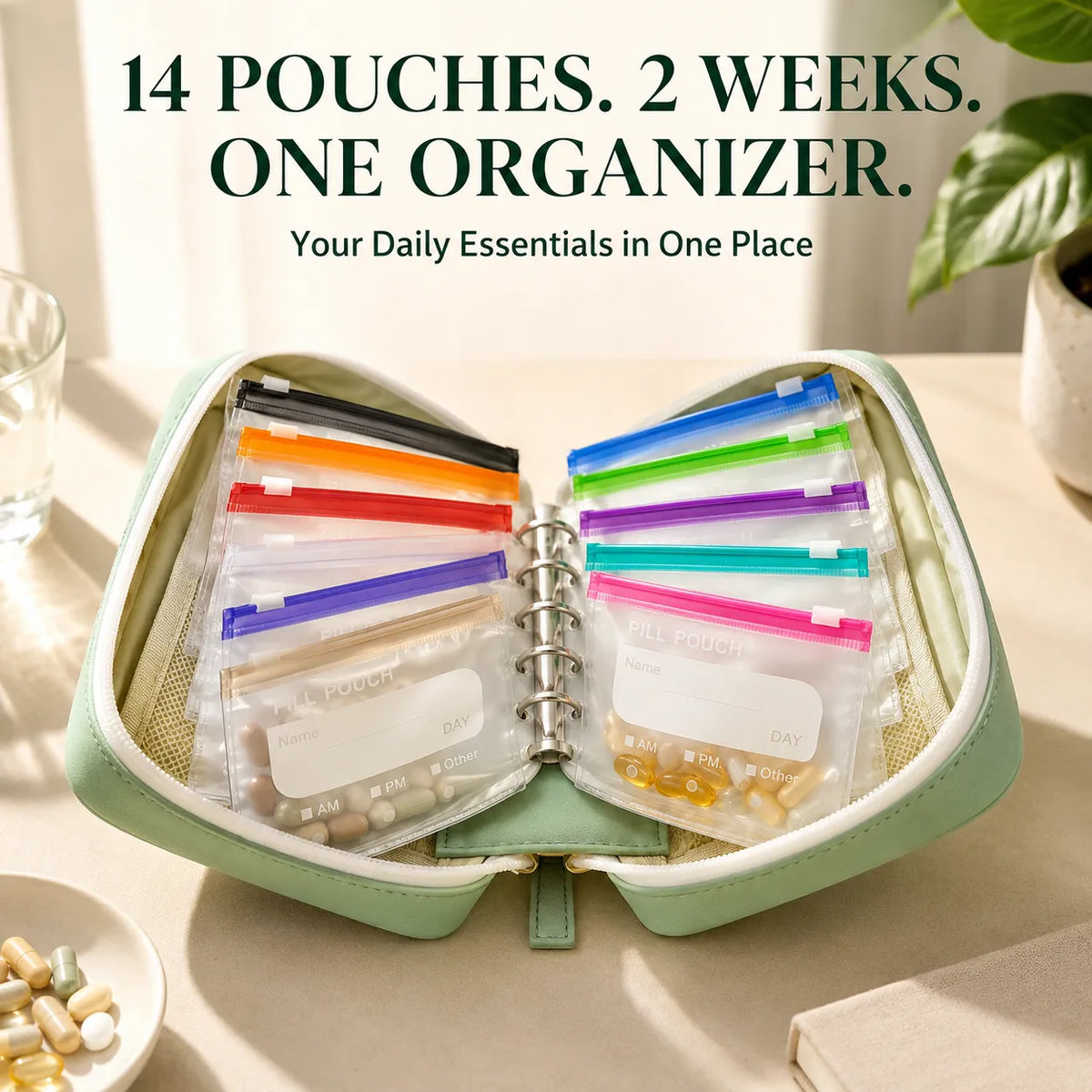 ✨2‑Week Pill Organizer Binder Case | 14 Reusable Color‑Coded Pill Pouch💊 Travel Waterproof Medication Storage Bag for Vitamins Supplements