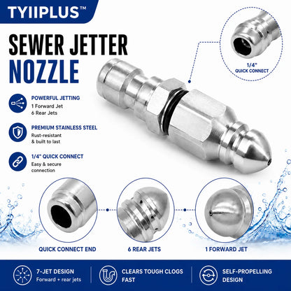 Stainless Steel Sewer Jetter Nozzle – 1/4' Quick Connect Drain Cleaning Attachment for Pressure Washers
