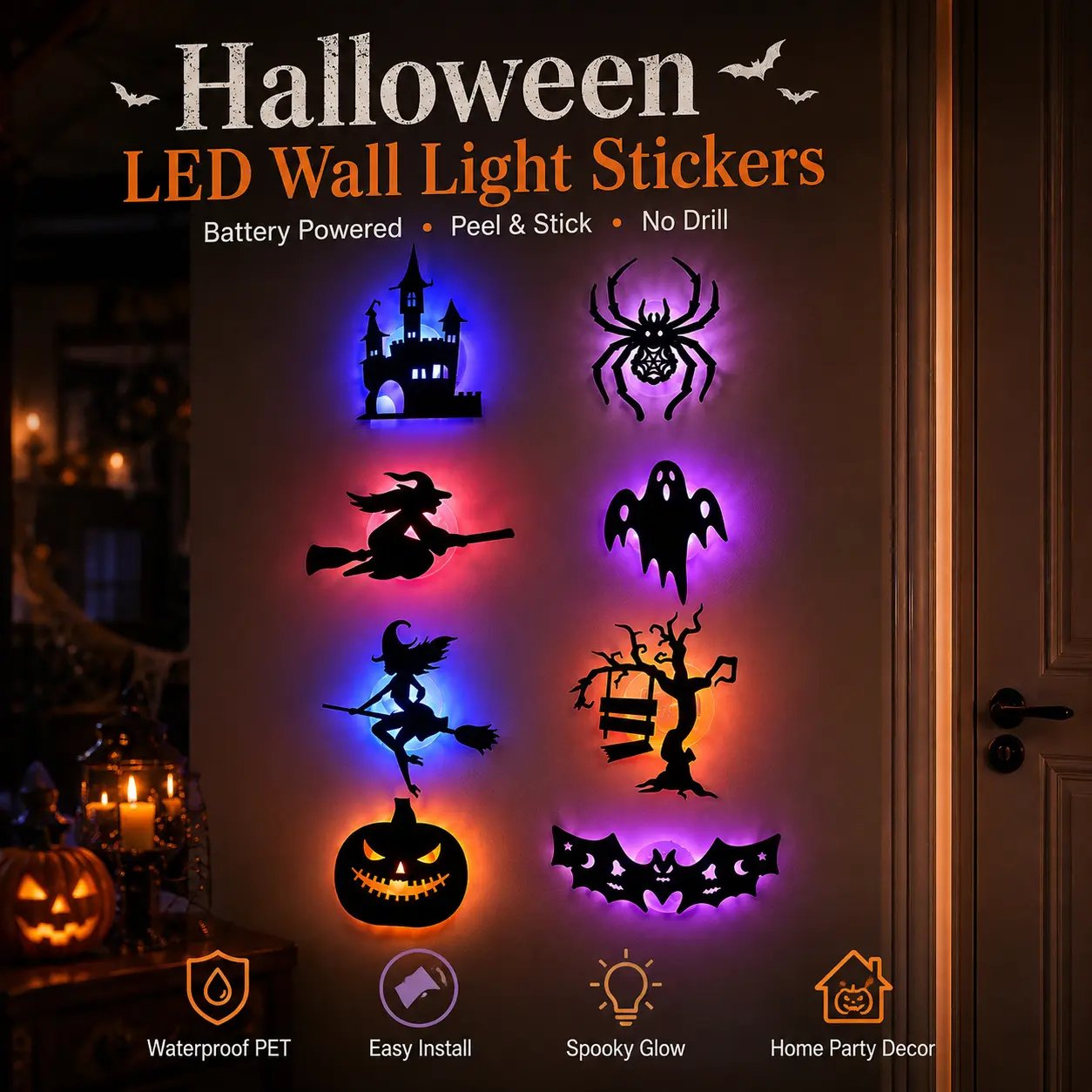 🎃 Light Up Your Halloween with Spooky LED Silhouette Wall Stickers! 👻