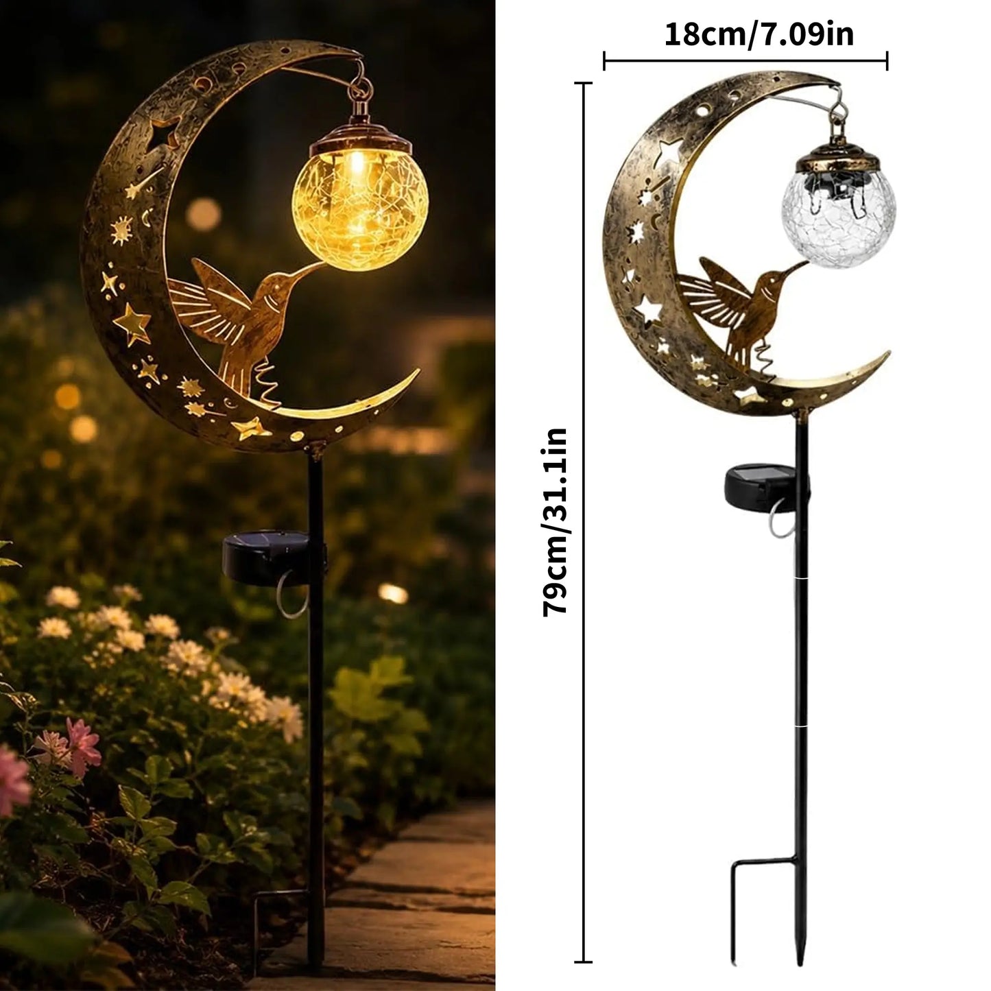Moon & Hummingbird Garden Stake Light