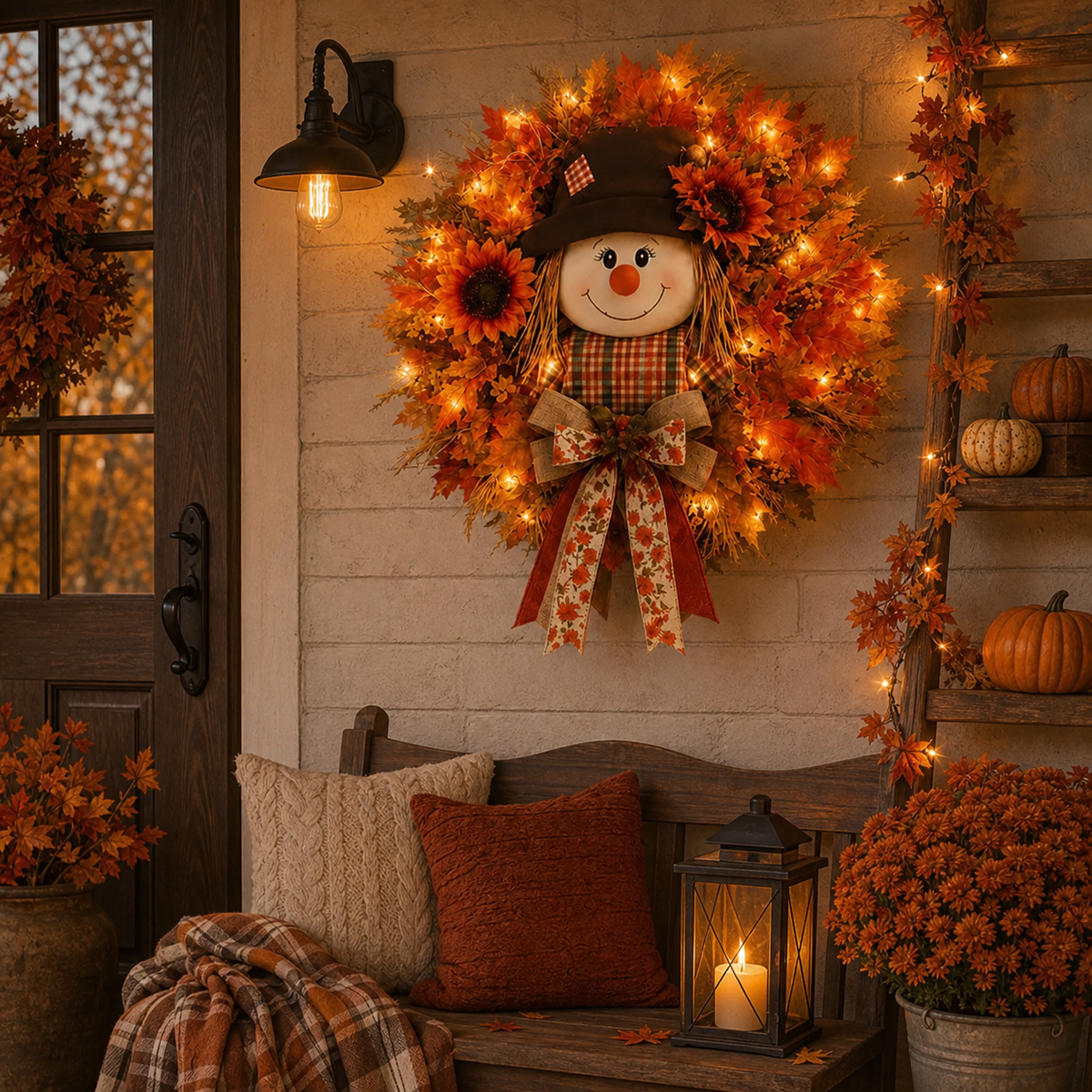 🍁 Lighted Scarecrow Fall Wreath – Rustic Autumn Front Door Decoration 🎃✨