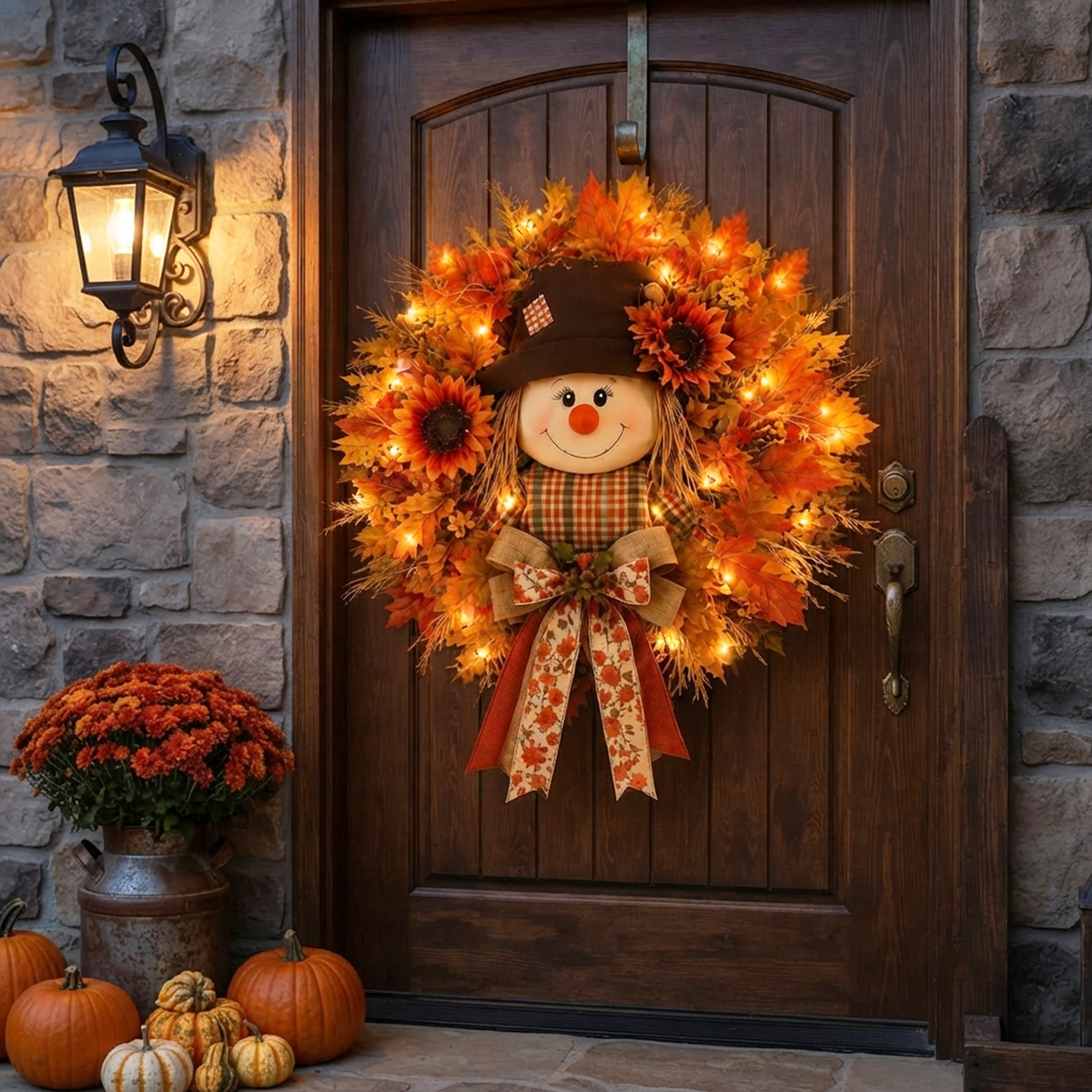 🍁 Lighted Scarecrow Fall Wreath – Rustic Autumn Front Door Decoration 🎃✨