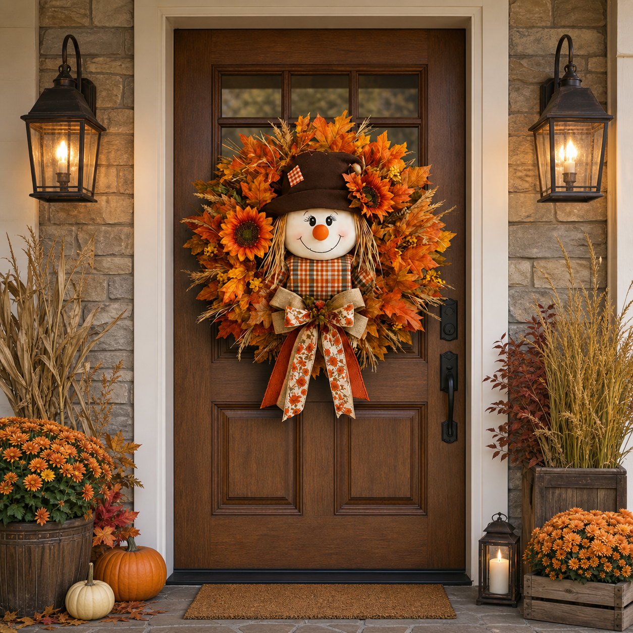 🍁 Lighted Scarecrow Fall Wreath – Rustic Autumn Front Door Decoration 🎃✨