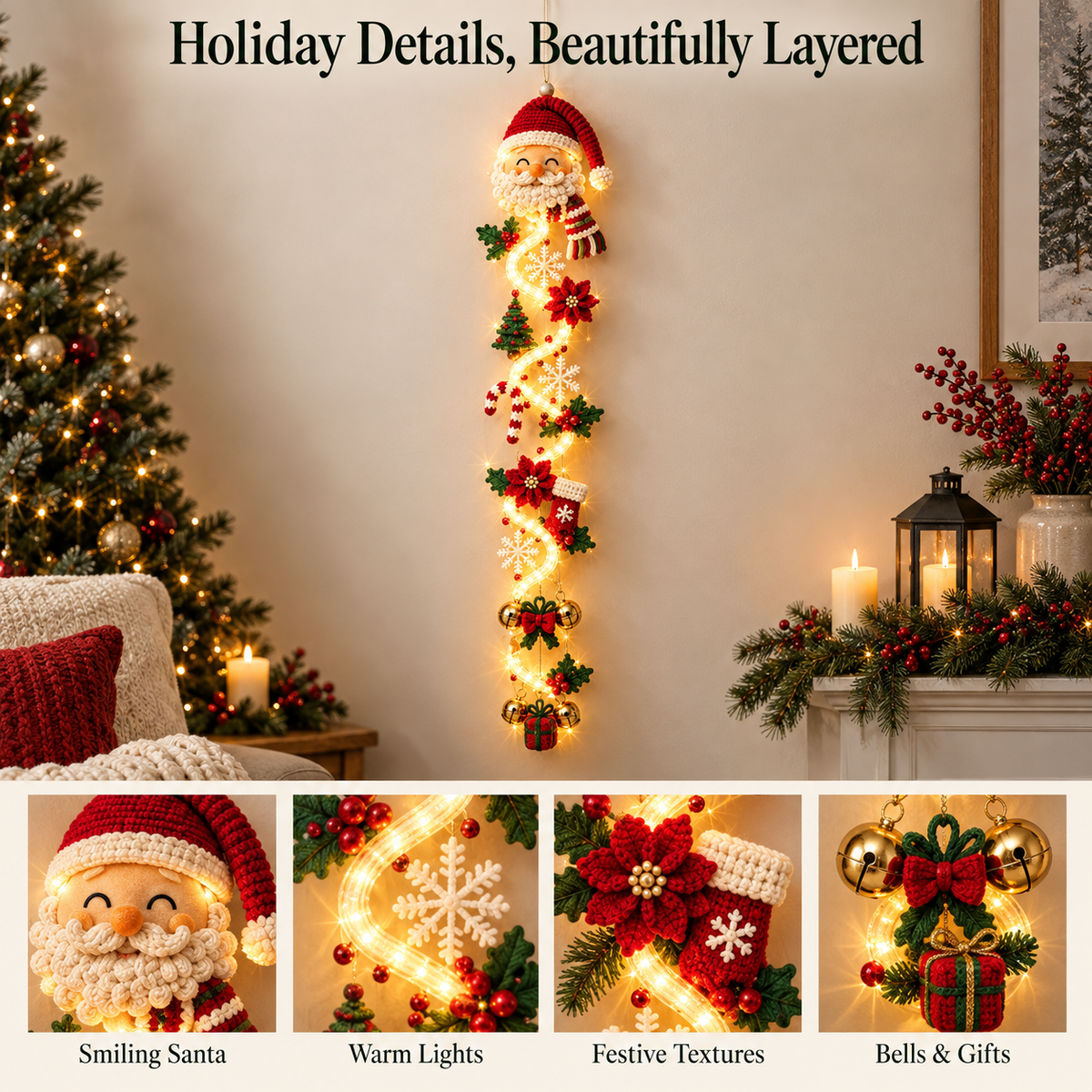 🎄 Lighted Christmas Door Hanger | 6 Festive Designs with Warm LED Glow & 3D Holiday Details
