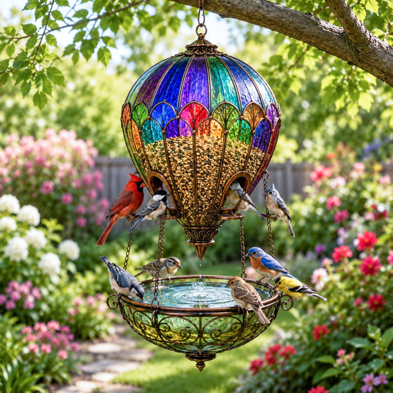 Stained Glass Hot Air Balloon Bird Feeder & Garden Fountain – Colorful Outdoor Bird Bath & Hanging Garden Decor