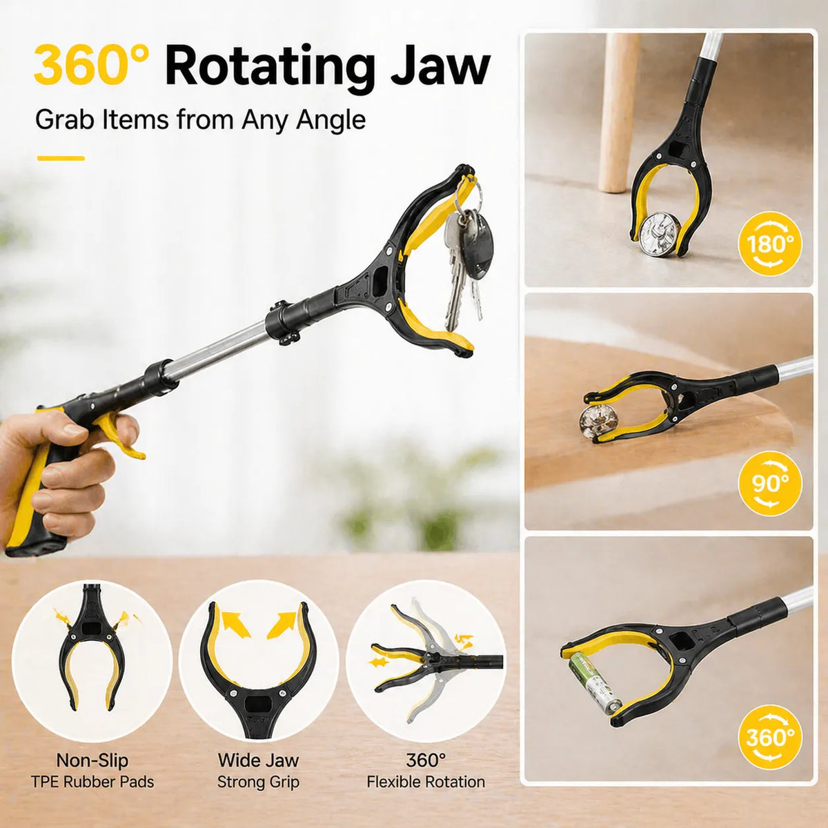 43' Extra Long Grabber Reacher Tool – Heavy Duty with 360° Rotating Jaw & Magnets