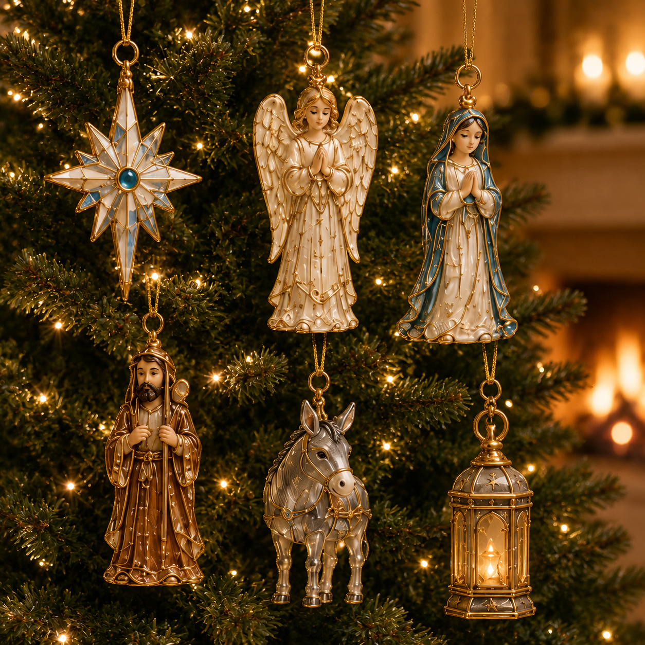 Star angel Mary Joseph donkey and lantern Nativity ornaments