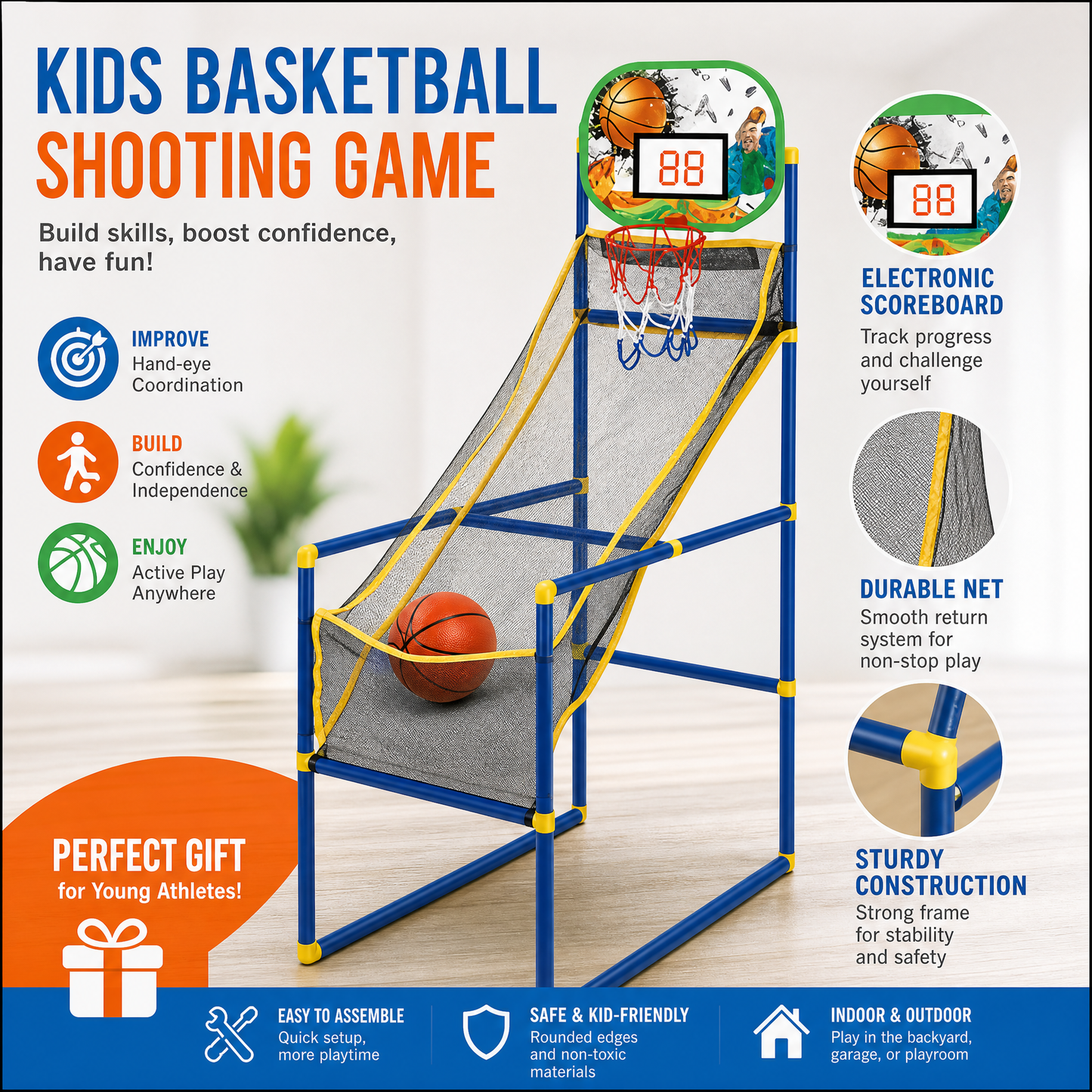 🏀 50% OFF! Kids‘ Indoor Basketball Arcade Game – Auto ball return, sturdy & safe. 4 balls + pump included. Quick setup, endless fun! 🧒💨