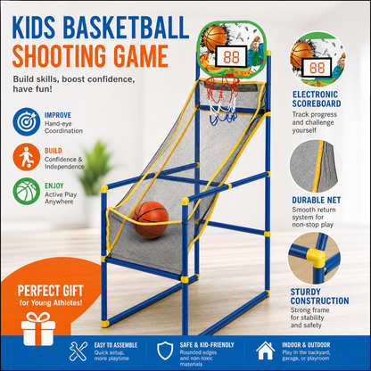 🏀 50% OFF! Kids‘ Indoor Basketball Arcade Game – Auto ball return, sturdy & safe. 4 balls + pump included. Quick setup, endless fun! 🧒💨