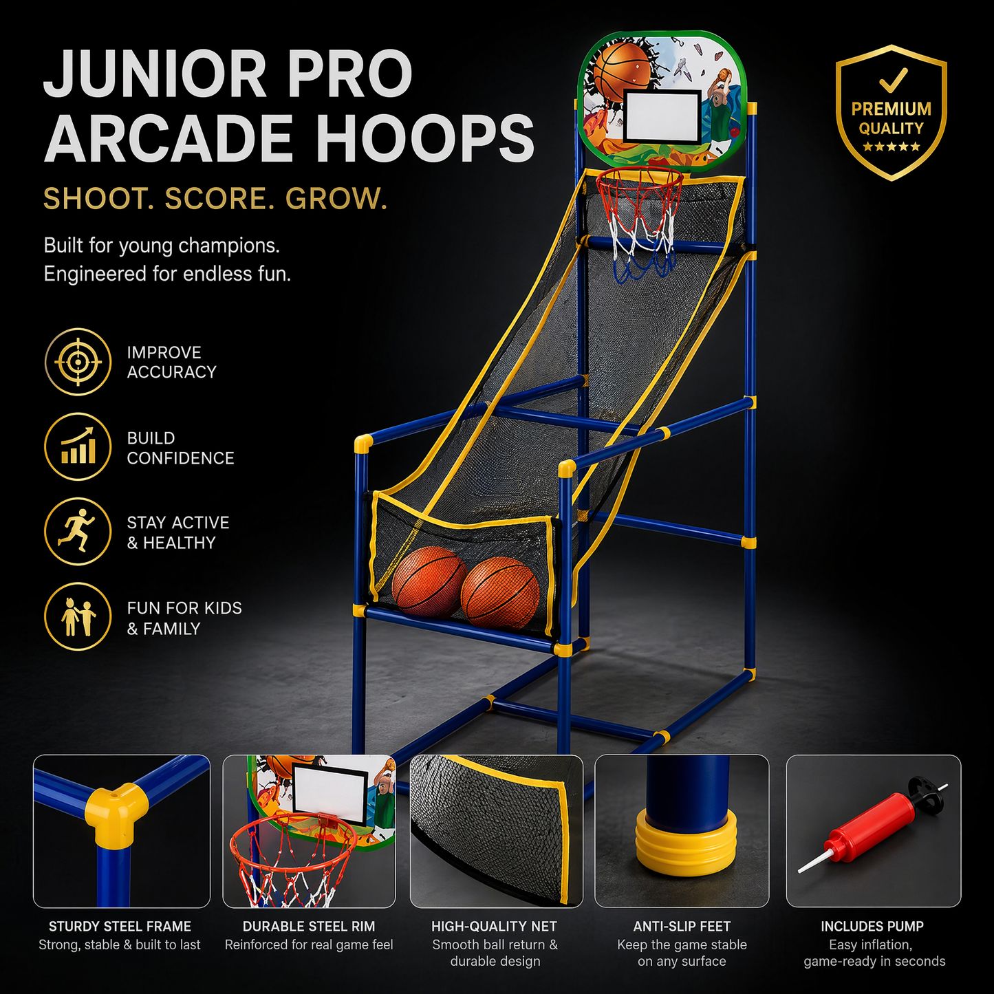 🏀 50% OFF! Kids‘ Indoor Basketball Arcade Game – Auto ball return, sturdy & safe. 4 balls + pump included. Quick setup, endless fun! 🧒💨