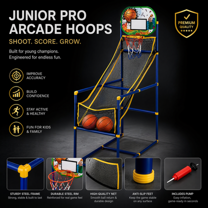 🏀 50% OFF! Kids‘ Indoor Basketball Arcade Game – Auto ball return, sturdy & safe. 4 balls + pump included. Quick setup, endless fun! 🧒💨
