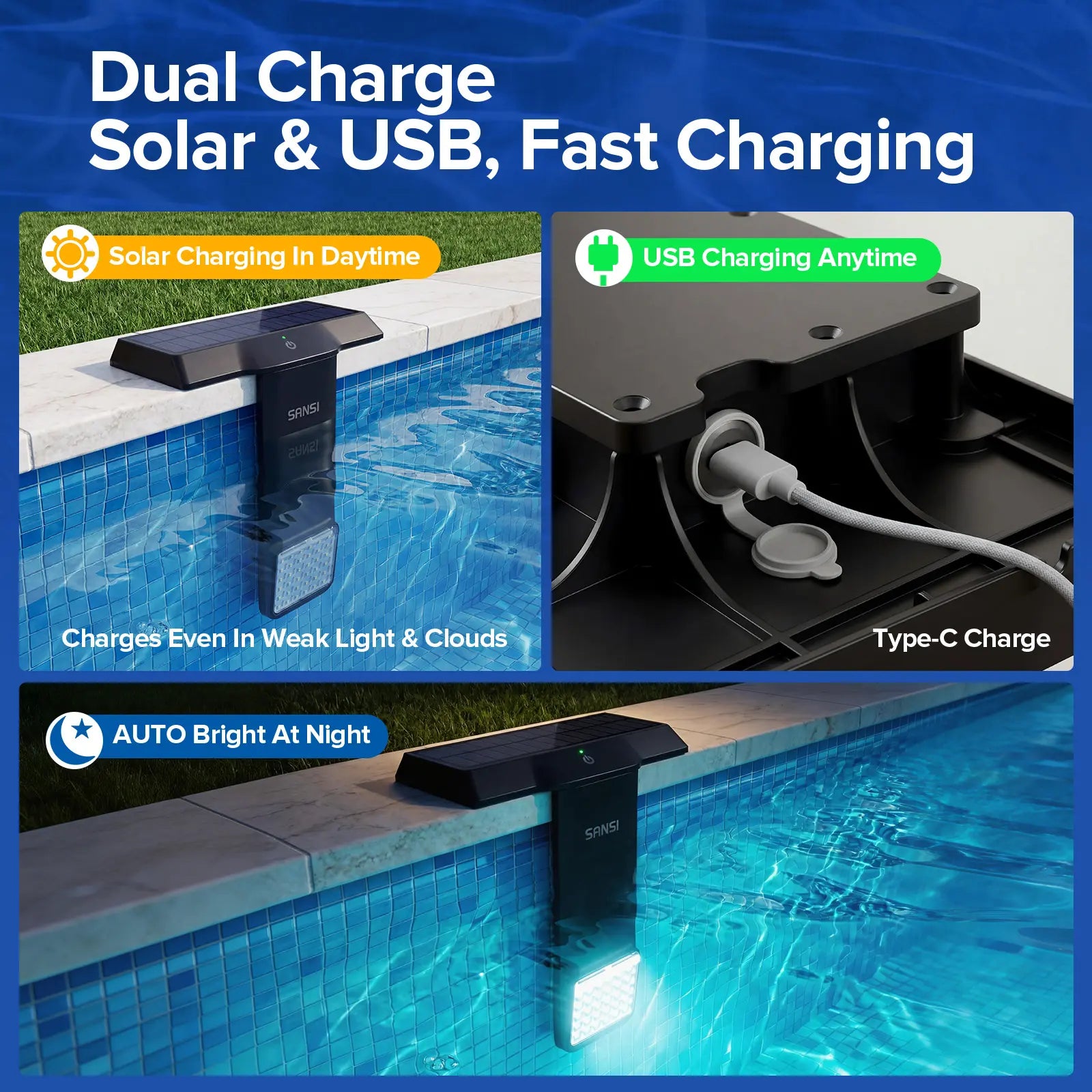 SANSI Solar Pool Light – 20 RGB Colors, IP68 Waterproof, Magnetic Mount
