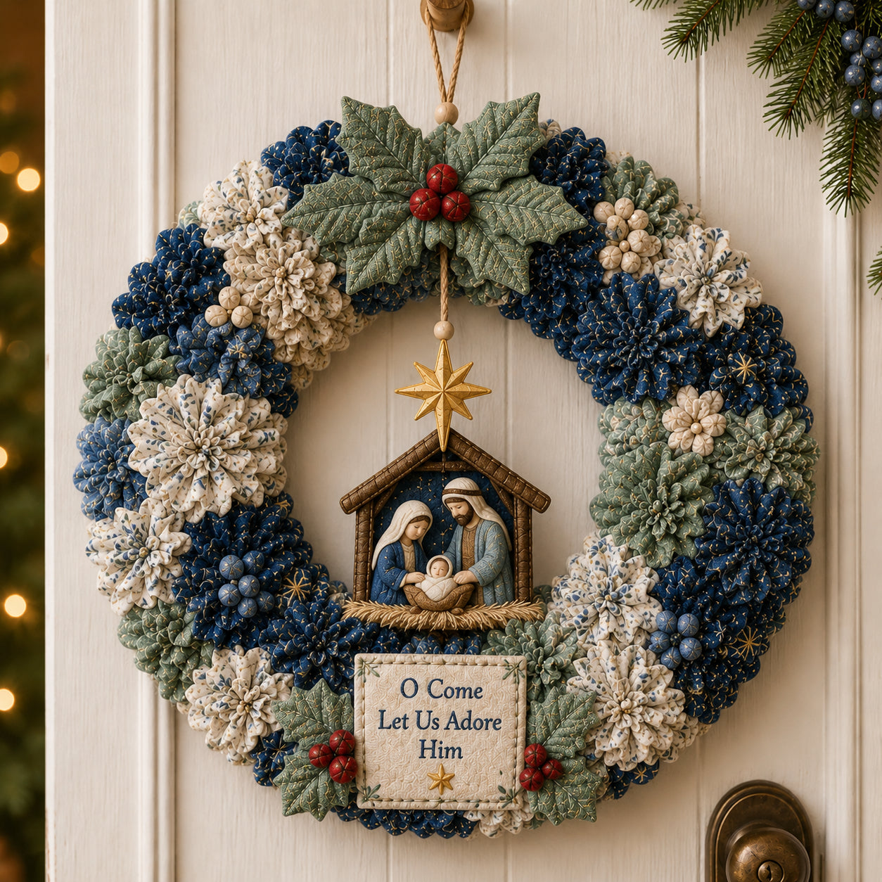Faith-centered Nativity fabric poke wreath