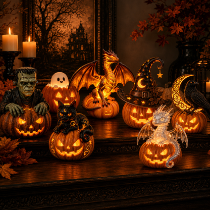🎃 Enchanted Halloween Pumpkin LED Resin Figurine-7 Magical Light-Up Designs for Your Halloween Home