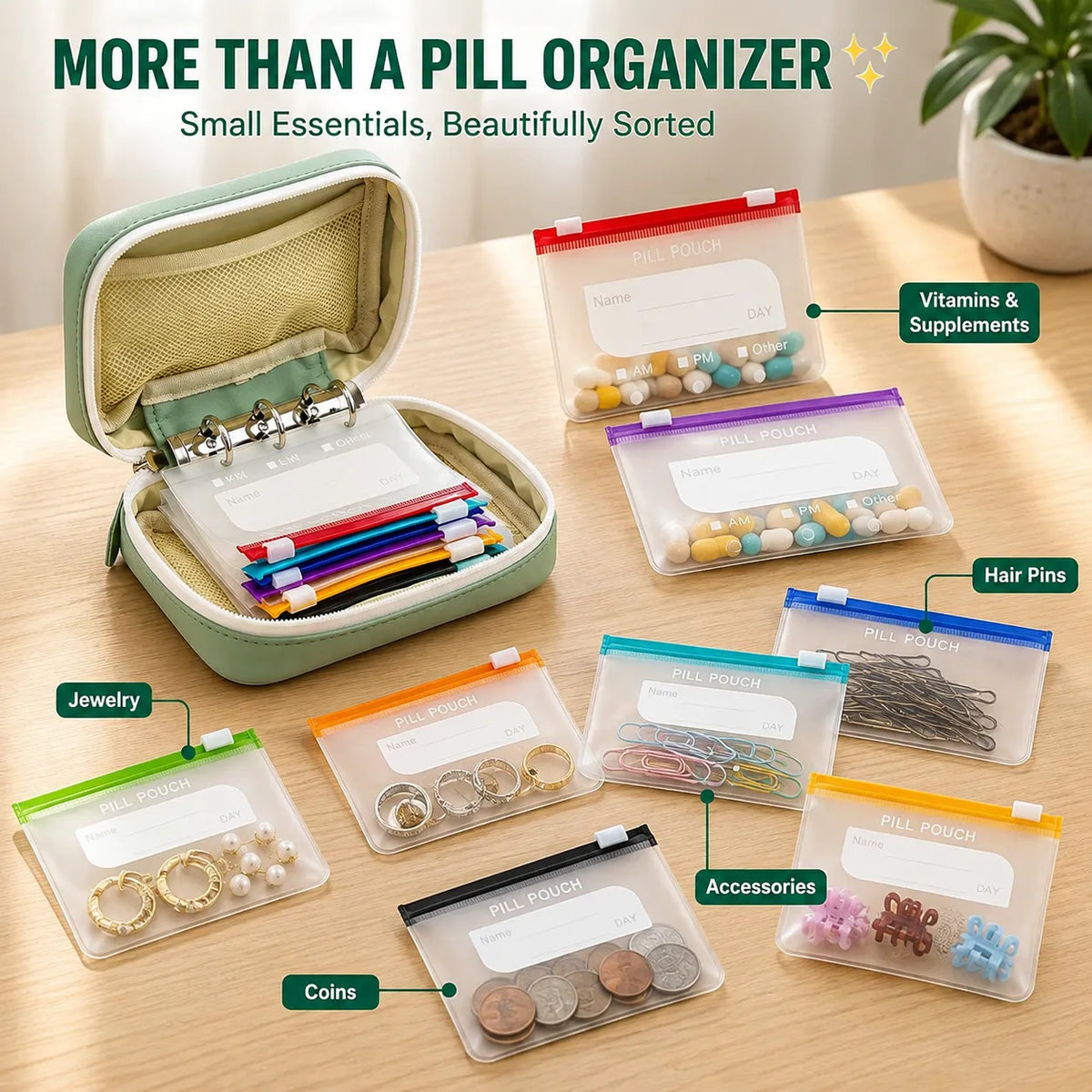 ✨2‑Week Pill Organizer Binder Case | 14 Reusable Color‑Coded Pill Pouch💊 Travel Waterproof Medication Storage Bag for Vitamins Supplements