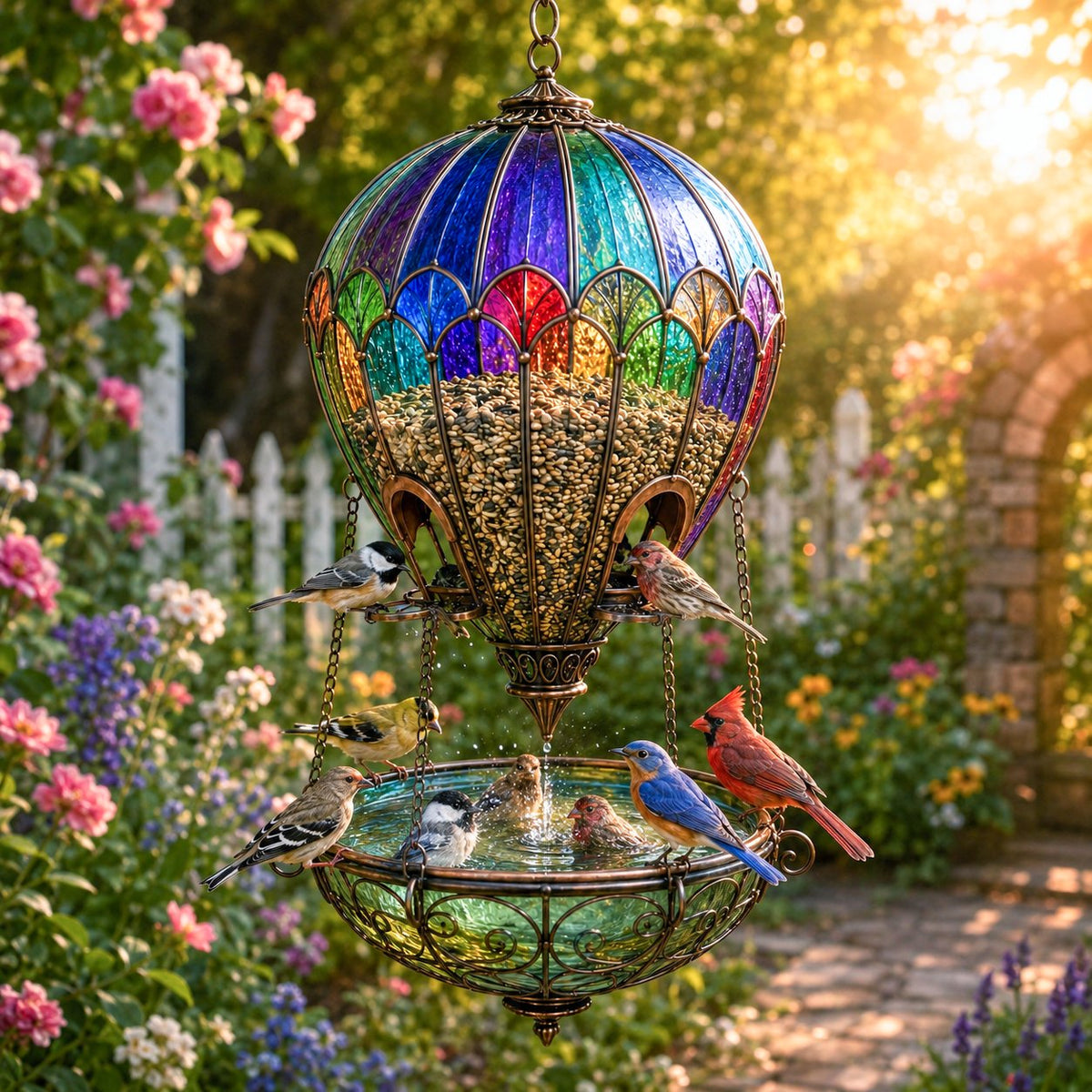 Stained Glass Hot Air Balloon Bird Feeder & Garden Fountain – Colorful Outdoor Bird Bath & Hanging Garden Decor