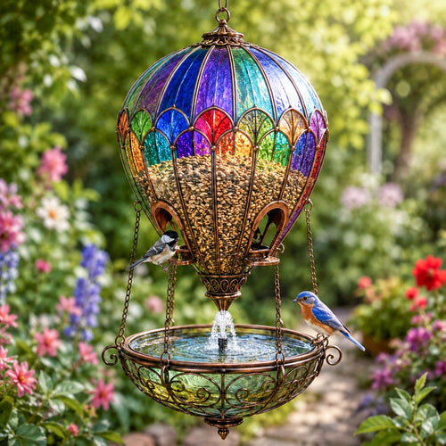 Stained Glass Hot Air Balloon Bird Feeder & Garden Fountain – Colorful Outdoor Bird Bath & Hanging Garden Decor