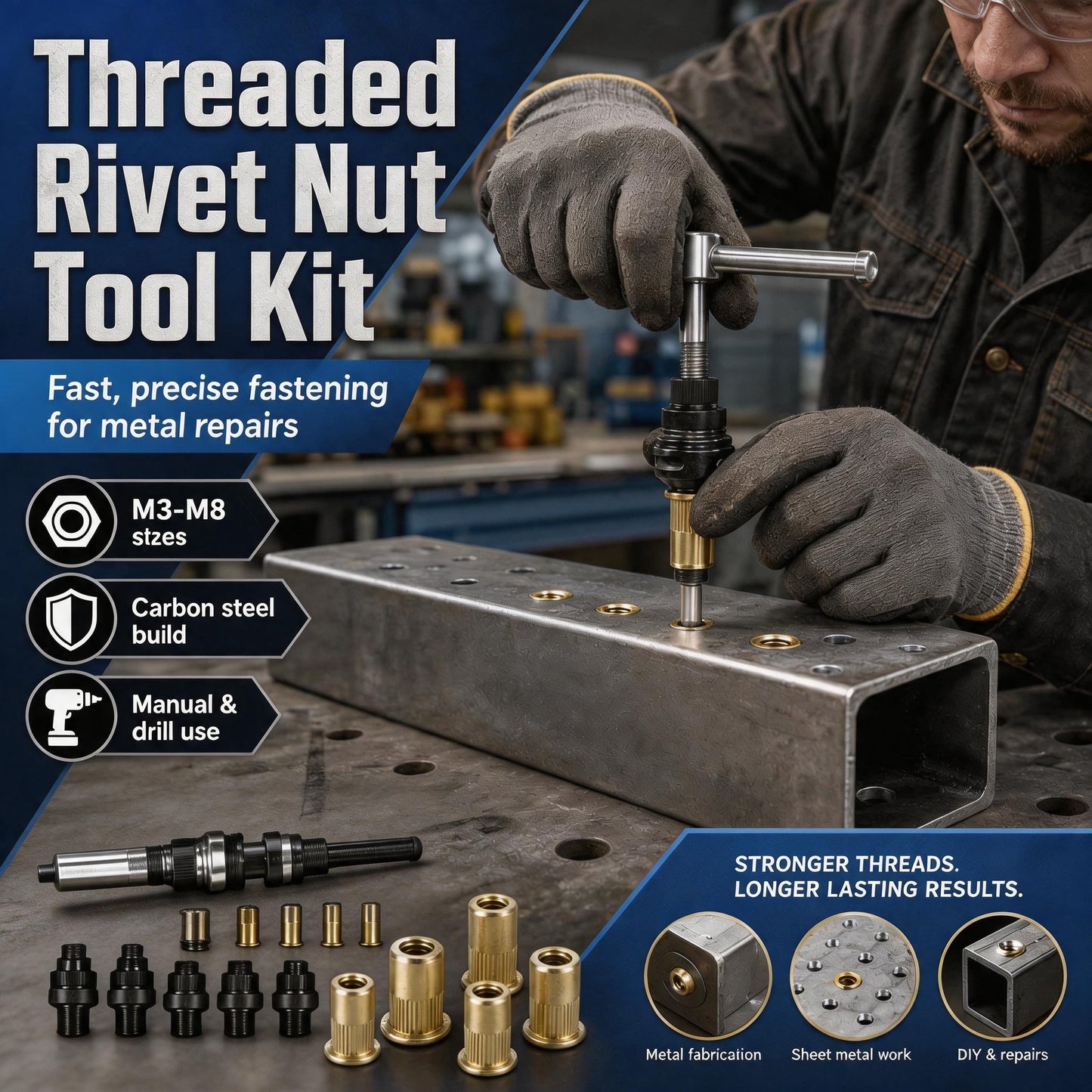 🔥 Best Seller | Heavy-Duty Carbon Steel Rivet Nut Kit – Create Strong Threads in Any Metal