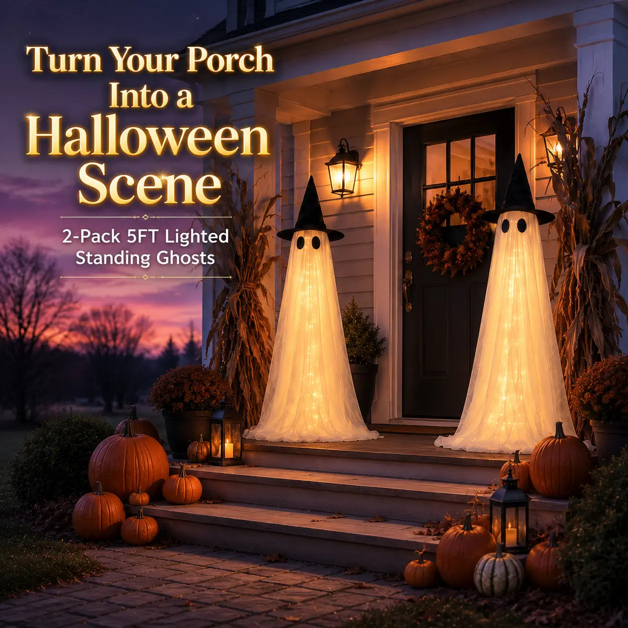 2Packs Halloween Decorations Outdoor, Halloweens Party Decoration Indoor, Spooky Ghost With Remote Control String Lights, Halloween-Ghost Lights For Porches Yards Gardens Lawn