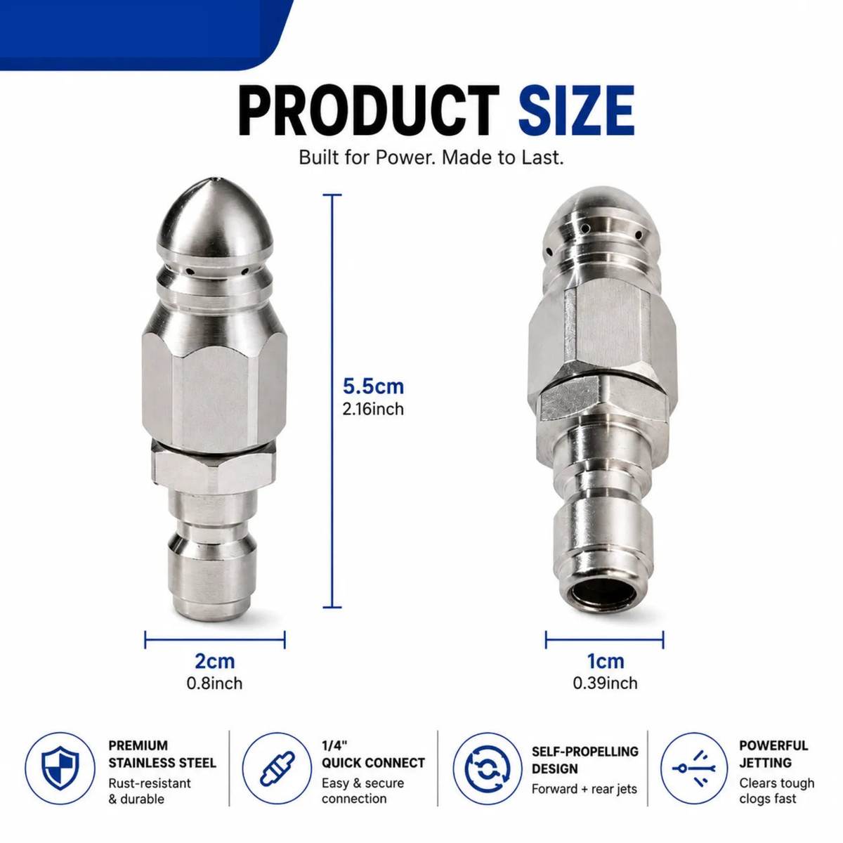Bico de Limpeza de Esgoto em Aço Inoxidável – Acessório de Limpeza de Drenos com Conexão Rápida de 1/4" para Lavadoras de Alta Pressão